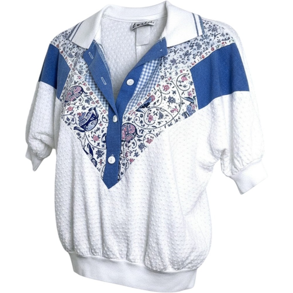 VTG Teddi Women's White Blue Floral Patchwork Collared Short Sleeve Top Sz‎ M